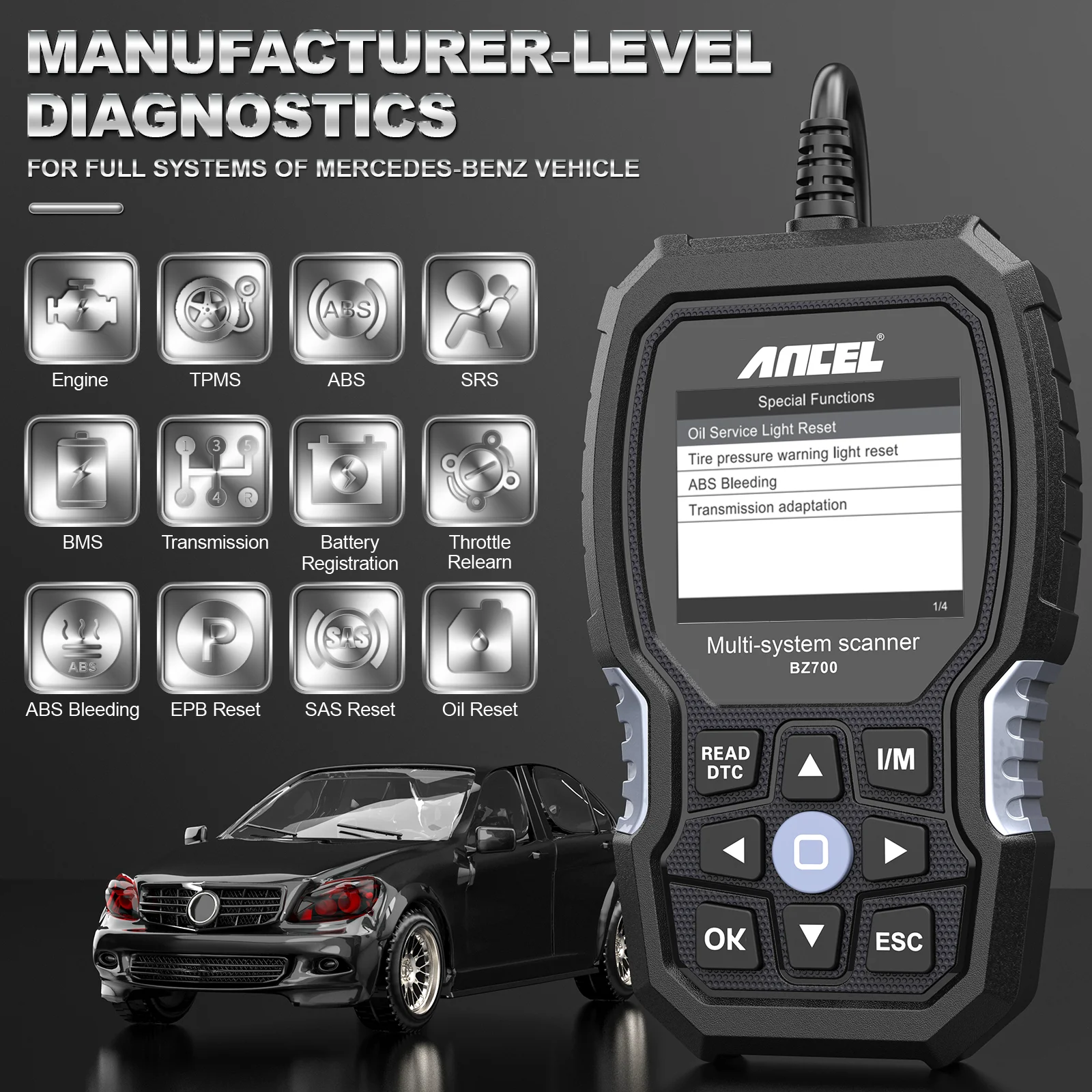 ANCEL 메르세데스 벤츠 스프린터 자동차 스캐너, BZ700 OBD2, 스마트 모든 시스템, ABS SRS SAS 오일 리셋, 디젤 자동차 진단 도구