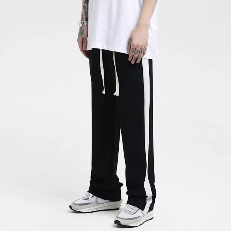 Korean Fashion Men Clothing Harajuku Straight Pants Spring Autumn New Streetwear Casual Contrast Striped Loose Wide Leg Trousers
