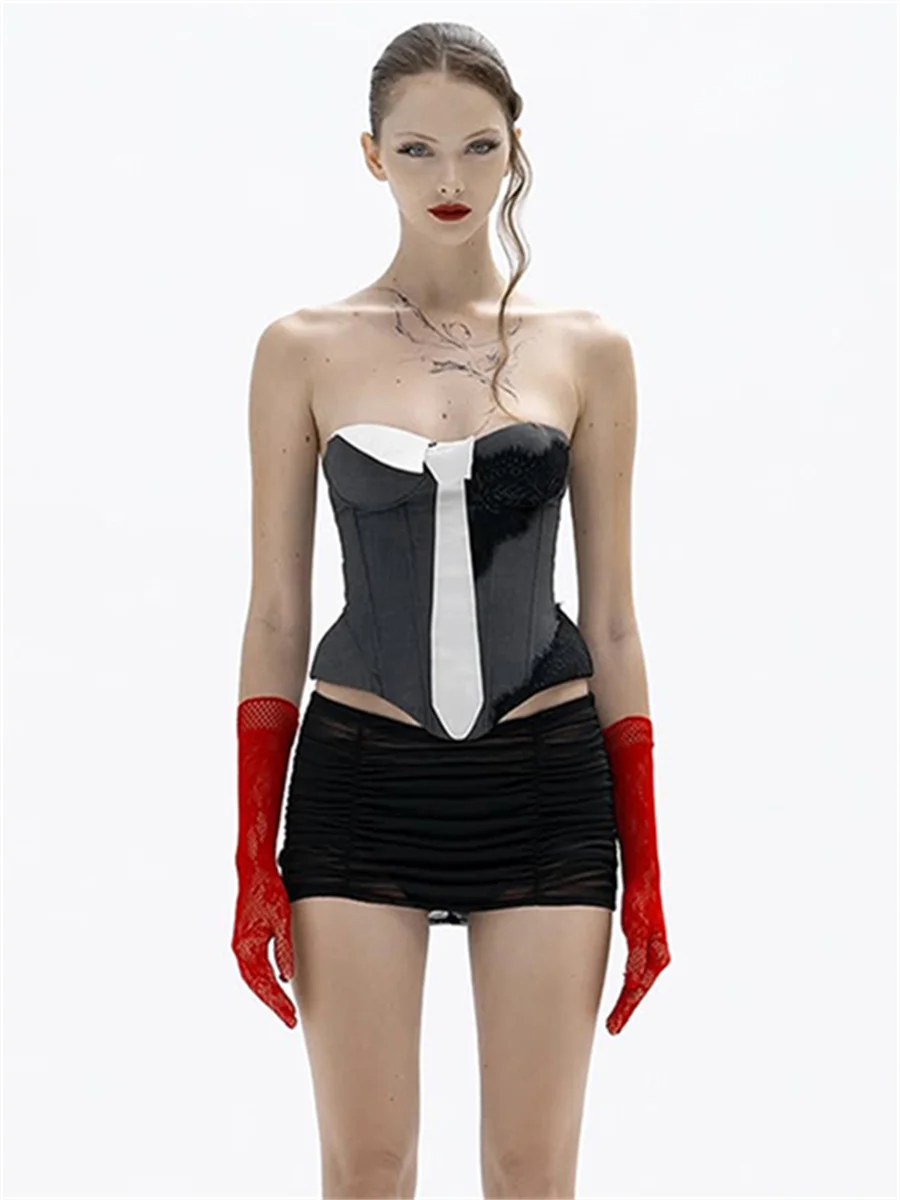 Nibber Sleeveless Fashion PU Patchwork Tank Top Women Sexy Trend Tie Irregular Hem Coquette Midnight Party Club Skinny Vests