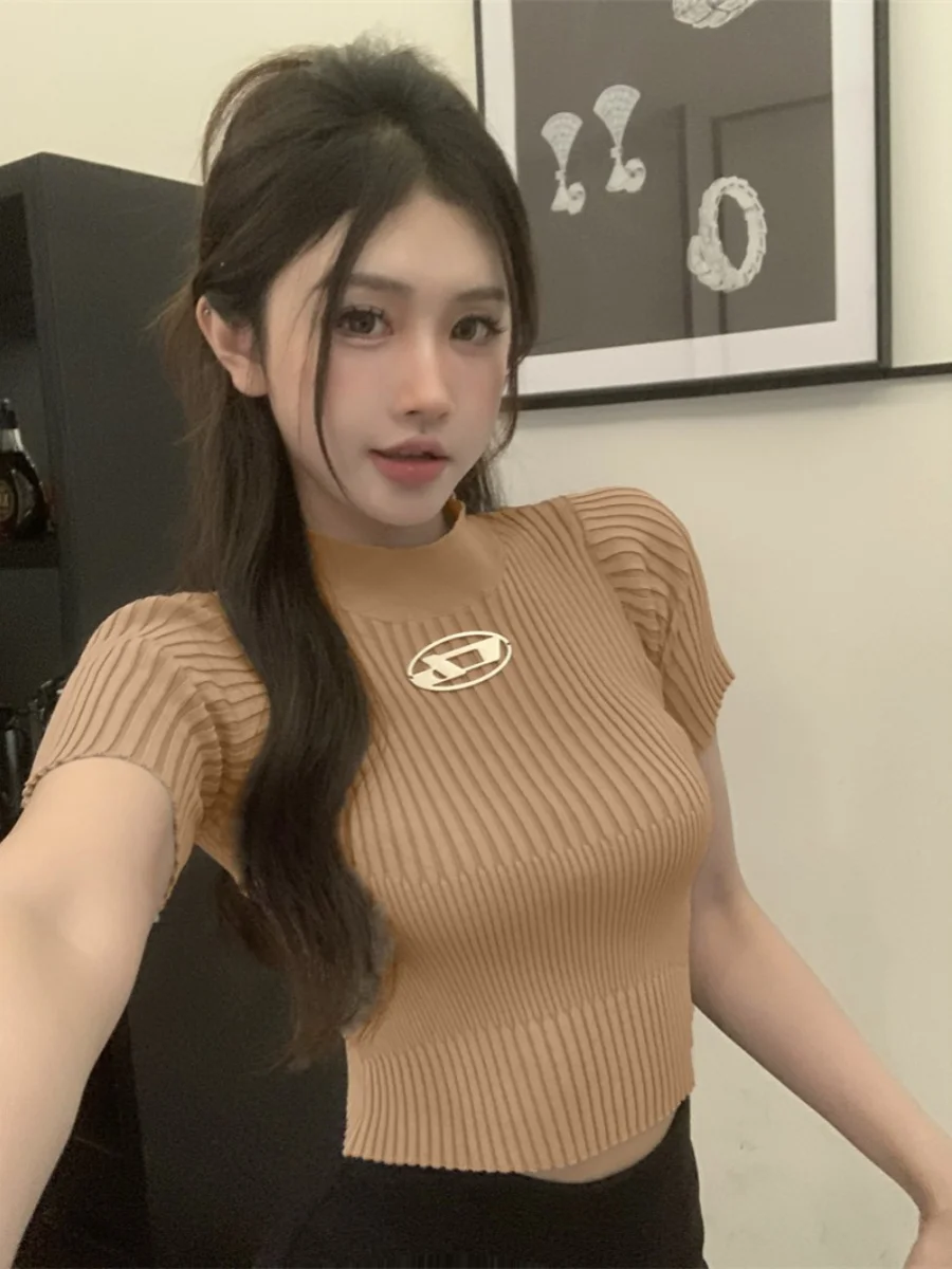 American Retro Ice Silk ort Sve T-irt Women Summer 2024 New Pure Desirable Slimming ort Sle Top Ins Faion