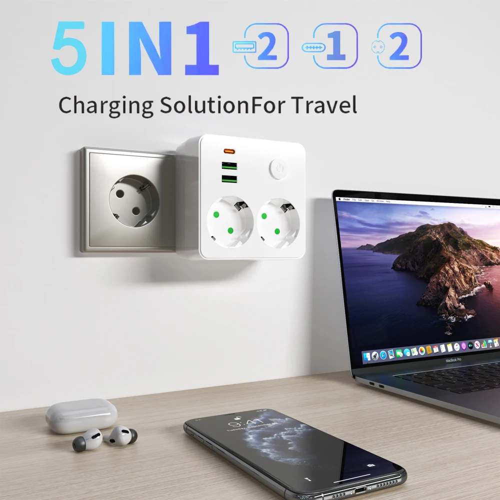EU Plug Outlet 2 Sockets Multitap Wall Power Strip Electrical Socket 2 USB 1 Type-C Ports 2500W MAX Power