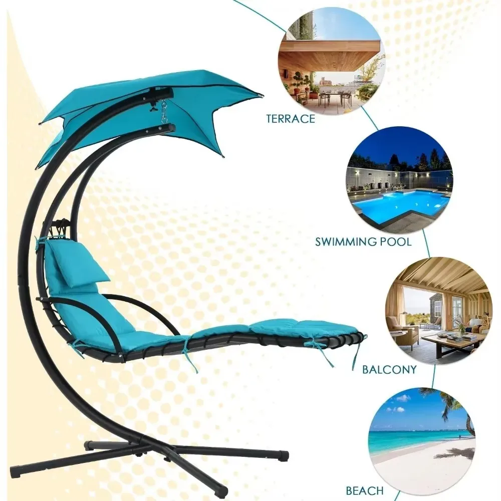 Hammock Chair Lounge Chair w/Built-in Pillow and Removable Patio Swing Lounge Chair Canopy Hammock Arc Stand 4