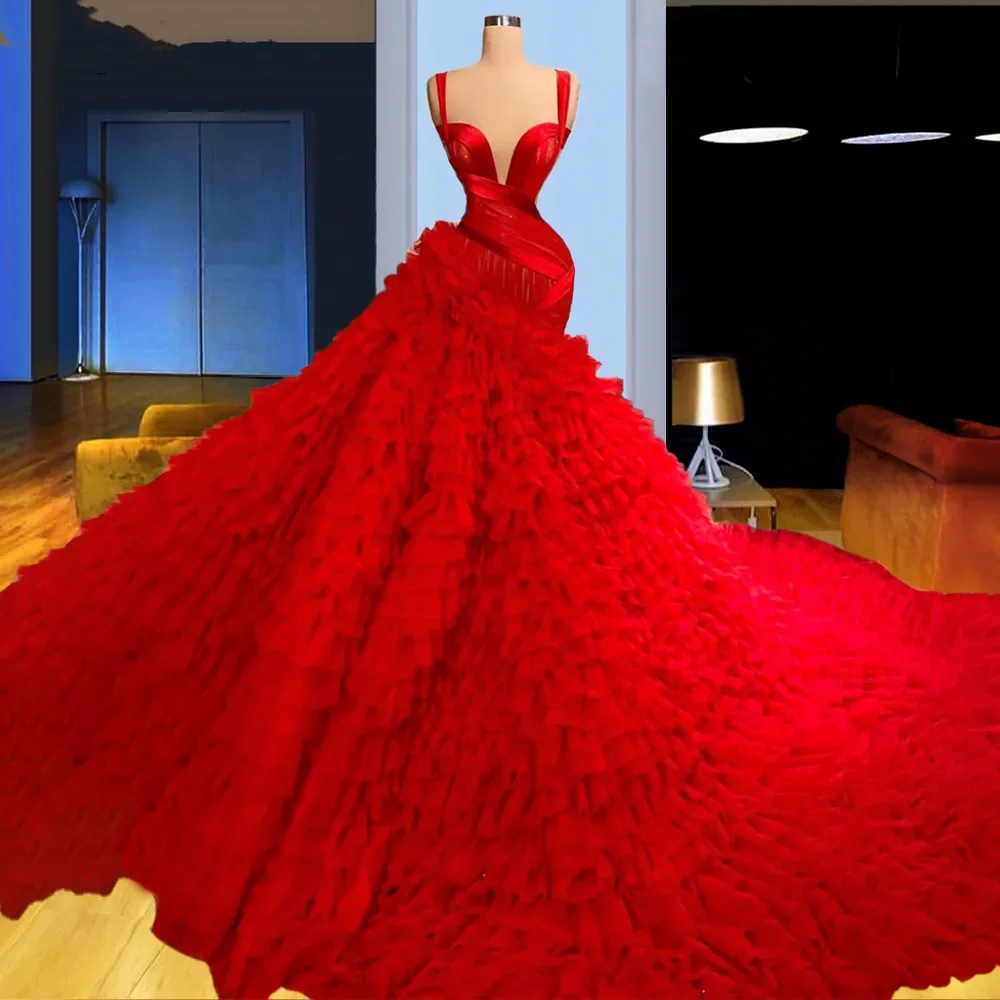 

Amazing Red Wedding Dresses Four Designs Ruffles Long Trian Gowns For Bridal 2024 Tiered Mermaid Tulle Vestidos De Novia Custom