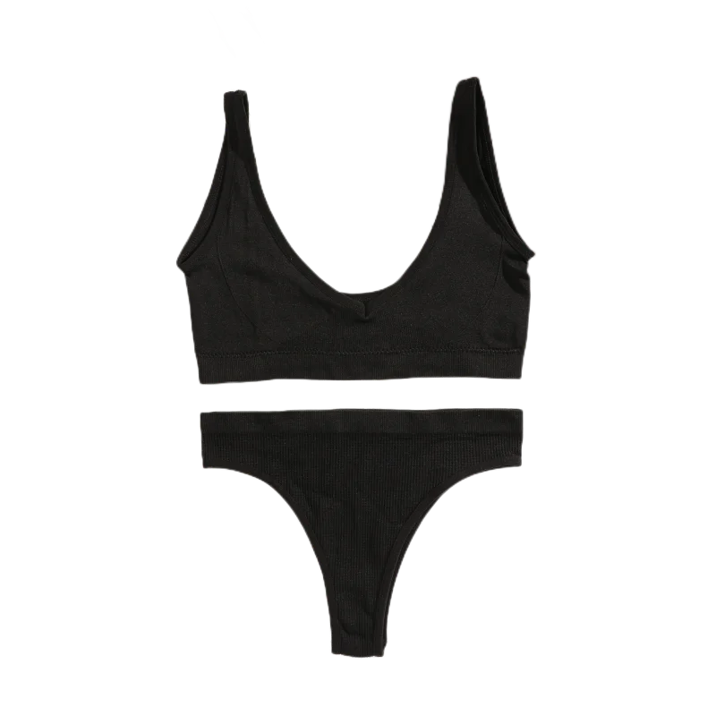 Seamless Bras Set Women Vneck Bralette Top Low Waist Thong Panties Wireless Brassiere Sexy Lingerie Set Female Ribbed_voghion.com