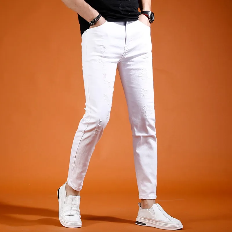 Summer White Ankle-Length Pants Men Ripped Jeans Streetwear Casual Solid Color Slim Fit Denim Trousers