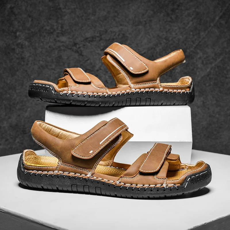 Sandálias gladiadoras masculinas de verão Roma ao ar livre plataforma de couro clássico moda antiderrapante caminhadas sapatos de praia tamanho 38-48_voghion.com
