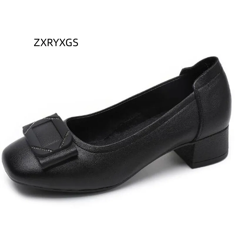 

ZXRYXGS Premium Cowhide Square Buckle Work Banquet Women Leather Shoe Large Size 2023 New Fashion Comfort Elegant Mid Heel Shoe