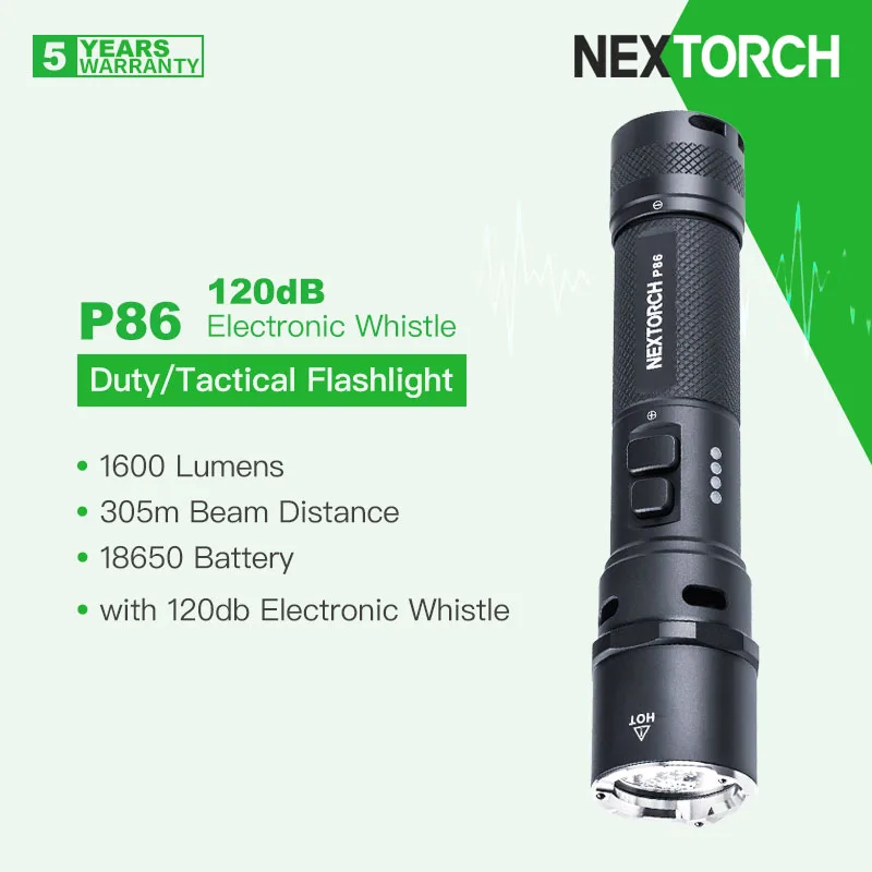 Nextorch P86 Torcia Duty/Tattica Con Fischietto Elettronico 120Db, 1600 Lumen 305M Beam Throw, 18650 Batteria, Ricarica Diretta