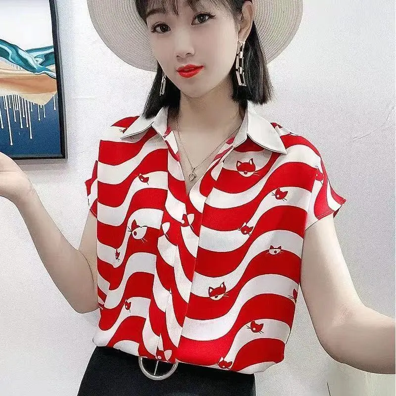 

Модная шифоновая рубашка в полоску с коротким рукавом для женщин, Новинка лета 2024, свободный темпераментный стильный дышащий модный топ
