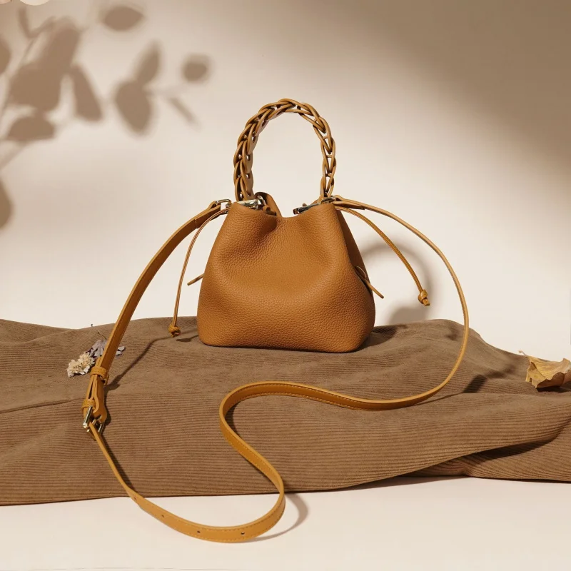 New Style Top-Grain Leather Bucket Bag Spring Edition Elegant Workwear Shoulder Crossbody Handbag