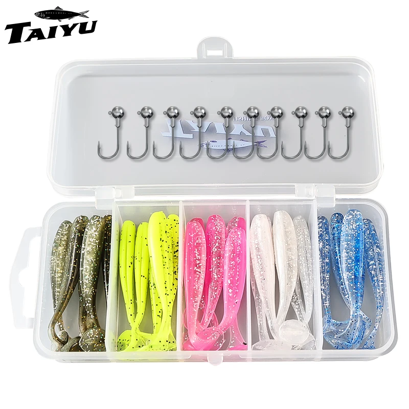 TAIYU 36 pièces/ensemble haute qualité 5 couleurs doux t-tail leurres de pêche Kit avec tête de plomb crochets extérieur artificiel bionique appât avec boîte