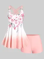 Rosegal Womens Plus Size & Curve Ombre Color Floral Print Crisscross Modest Tankini Swimsuit