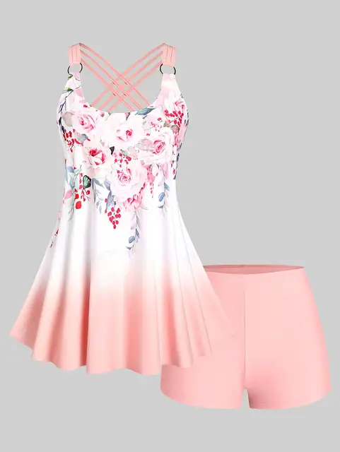 Rosegal Womens Plus Size & Curve Ombre Color Floral Print Crisscross Modest Tankini Swimsuit