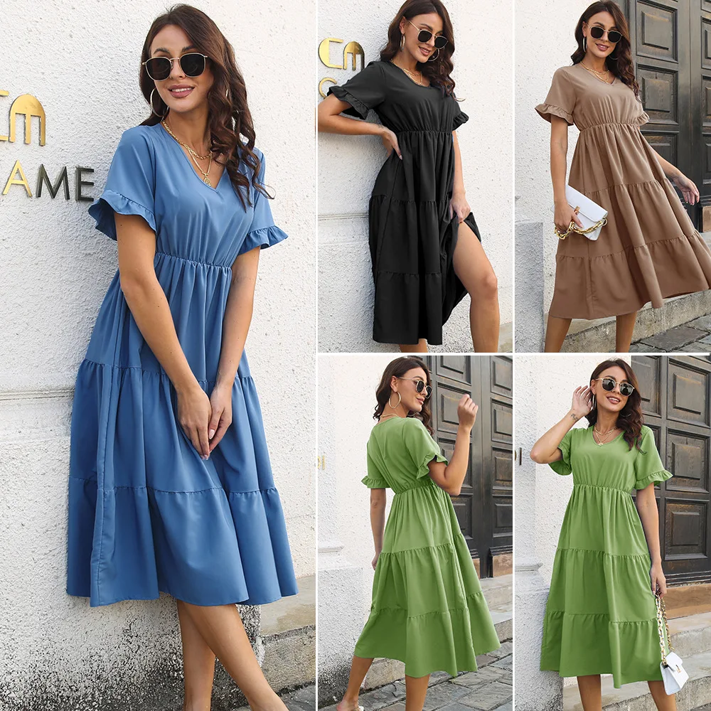 

2023 New Ruffled Dress Short Sleeve V-neck Layered Large Swing Dress Women's Chiffon Summer New Women's Clothing