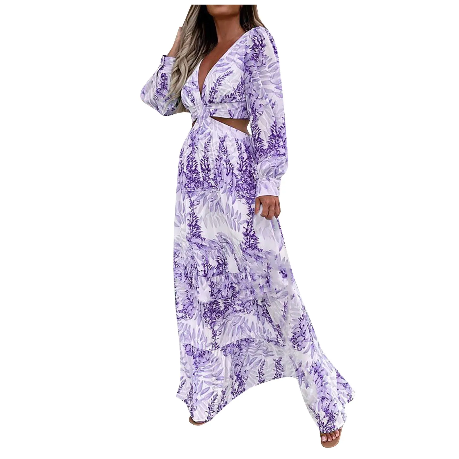 

Women'S Dress 2024 Fashionable Ankle-Length Women Frock V-Neck Long Sleeves Printed Summer Female Dress Elegant 한국인 리뷰 많은 옷 봄