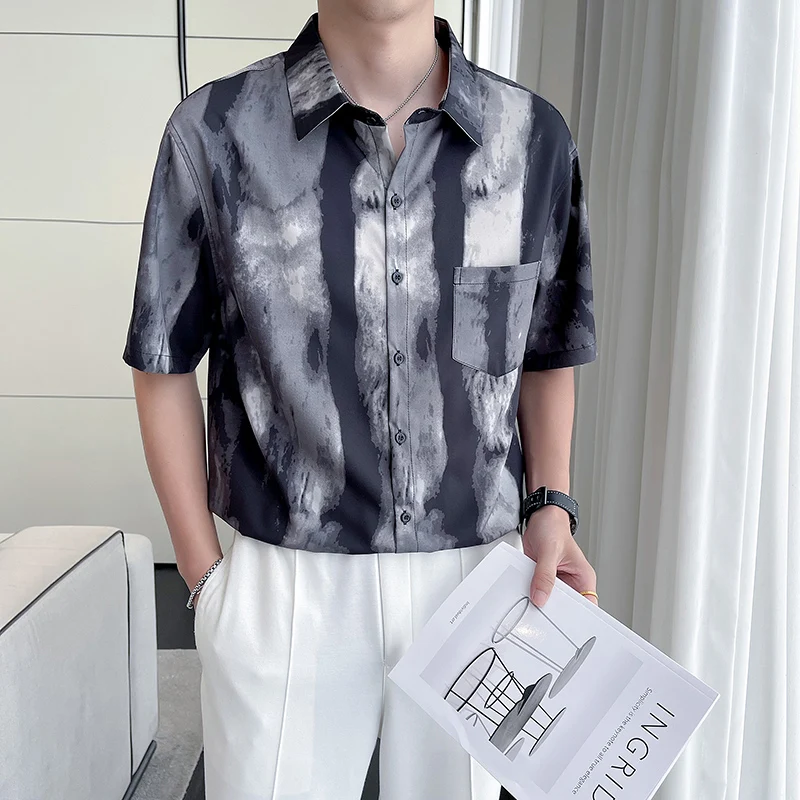 

Fashion Summer Front Pocket Loose Short Sleeve Shirts For Men Clothing 2023 Turn Down Collar Casual Striped Blouse Homme Black