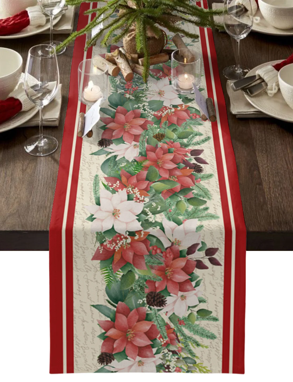 

Рождественская дорожка Пуансетии, акварельная настольная дорожка, украшение для свадебной вечеринки, Настольная дорожка, Рождественский обеденный стол Декоративная скатерть