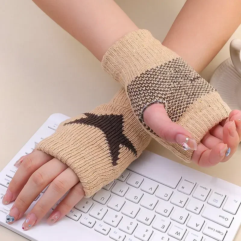 Fingerless Gloves Y2K Fashion Pentagram Knitted Fingerless Winter Gloves Soft Warm Wool Knitting for Men Women