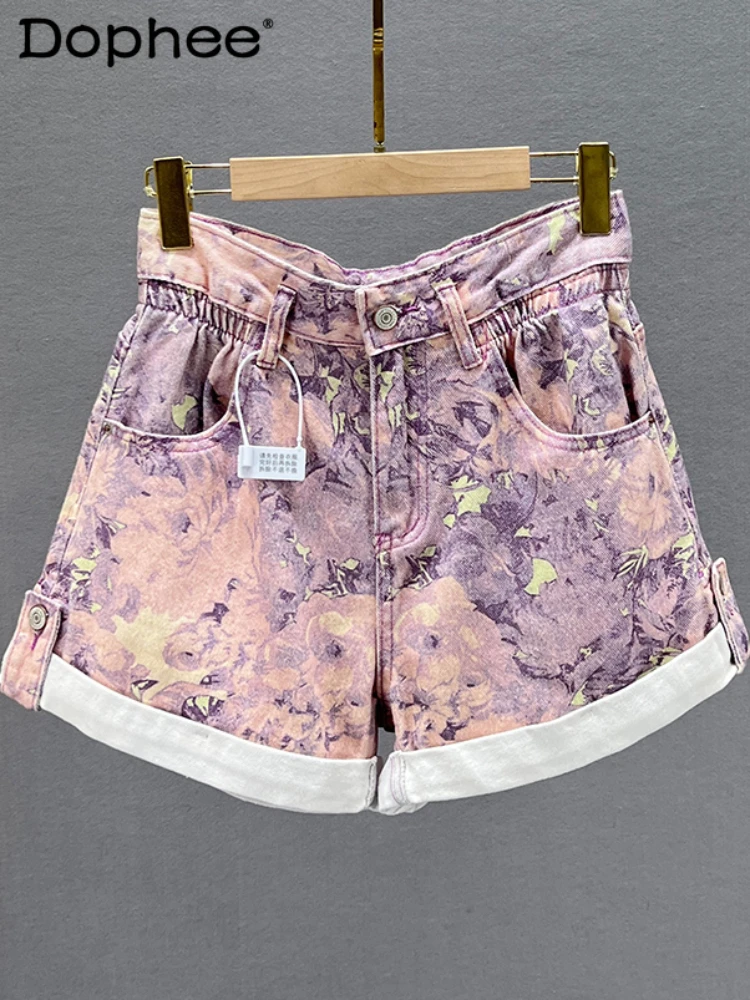 

Shorts Women High Waist Denim Shorts 2024 Summer New Loose Retro Printed Flanging A- Line Wide Leg Short Pants Jean Shorts