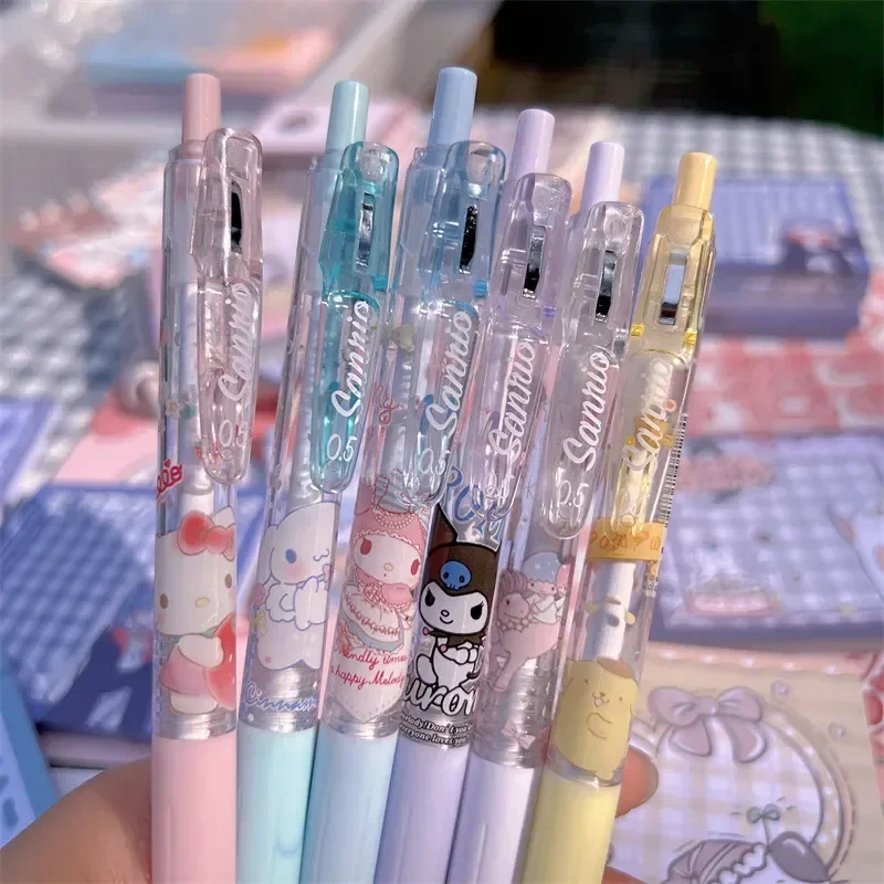 

12/24pcs Sanrio Gel Pen Kawaii Hello Kitty Strawberry Cinnamoroll Kuromi Melody Student Stationery Write Pens 0.5 Black Exam Pen