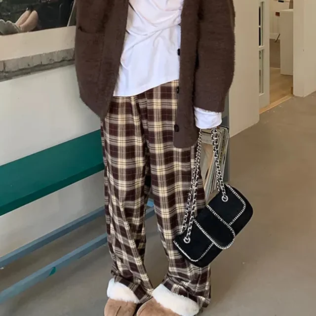 High Waist Women's Brown Plaid Pants Streetwear Oversize