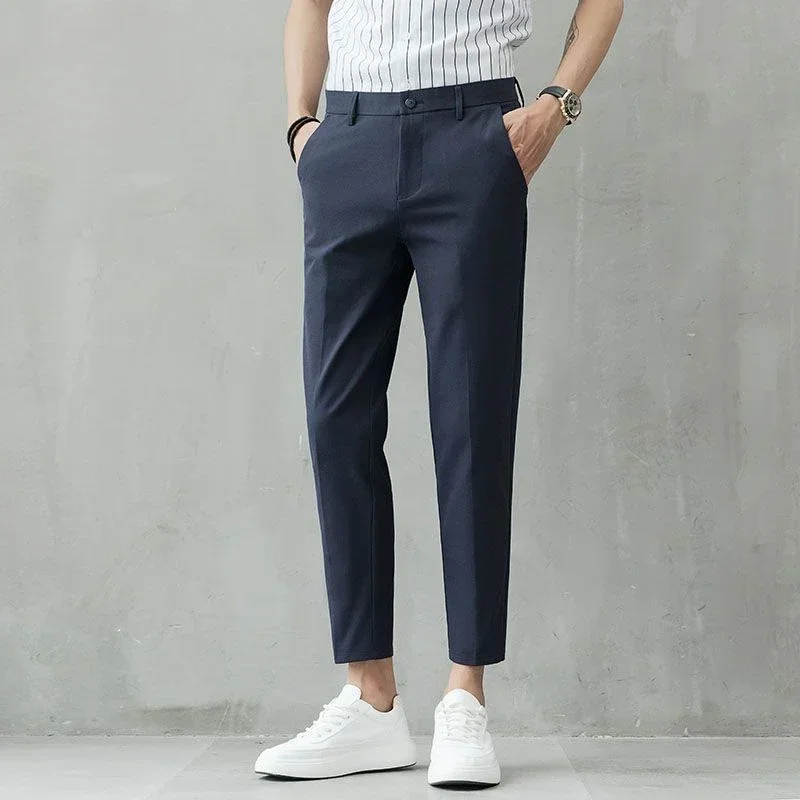 thumbnail image 1 of Pantalones de traje negros para hombre, pantalones rectos de verano para hombre, pantalones cortos, novedad en ropa de lujo, elegante, fina, informal, para el trabajo, baratos, 1 of 5