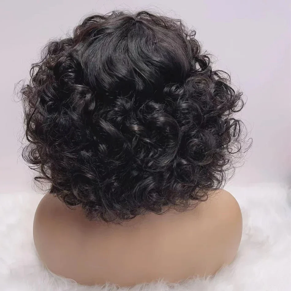 Fumi lockige Echthaar-Perücken, Fransen-Perücke, Pixie-Schnitt, Rose, lockig, günstige volle Maschinenperücken, Egg Curl, kurze Bob-Perücke mit Pony, 250-Dichte – Detail 8