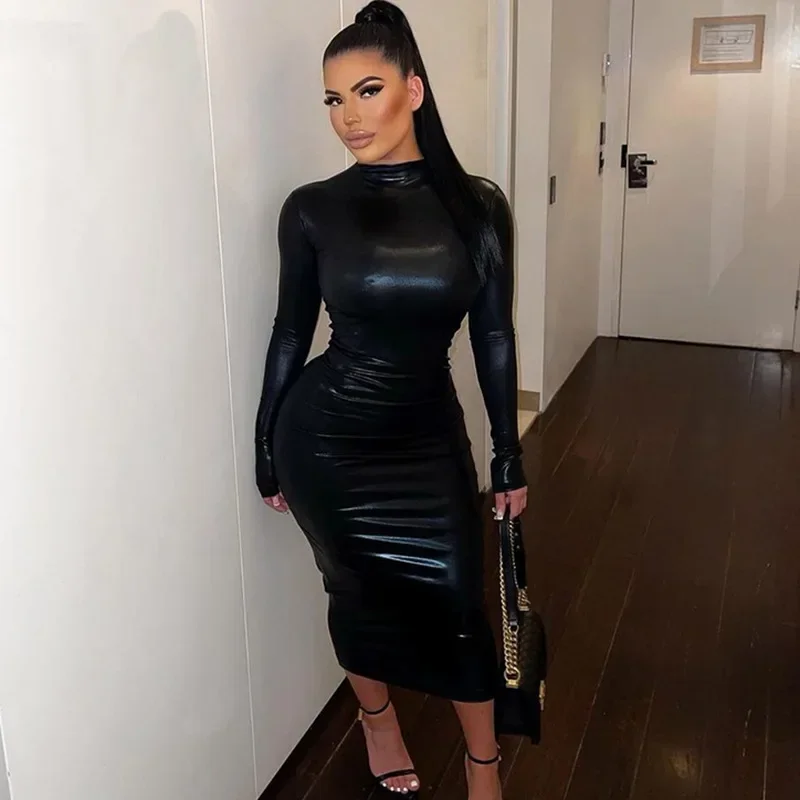 

Black Midi Bodycon Dress Sexy Women Turtleneck Long Sleeve Pu Leather Party Dresses Club Elegant 2023Autumn Winter