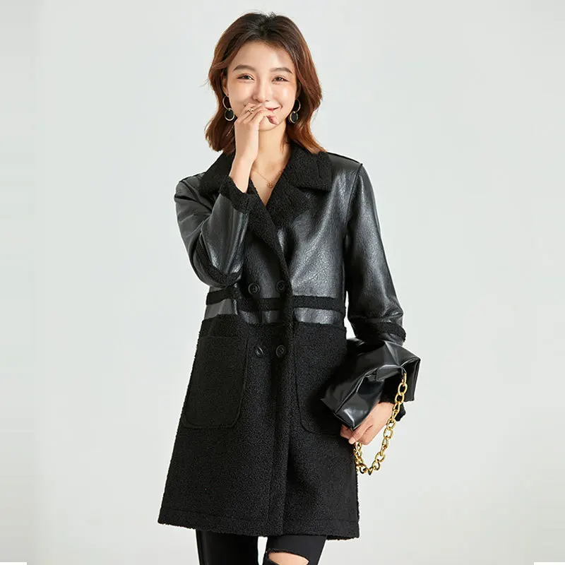 Lambskin Leather Jacket Women Autumn Winter Overcoat Plus Size Windbreaker Outerwear Plus Velvet Thickened Wool Fur Coat Female