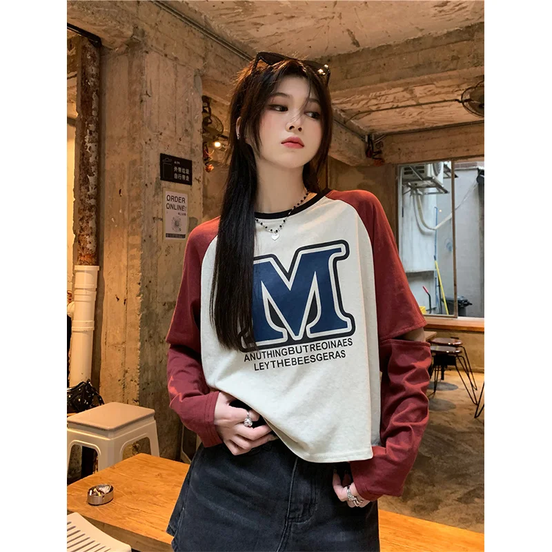 

Long Sleeve T-shirt Women's Summer 2023 New Contrast Letter Printing Tshirts Women Loose Medium Length Top Ins