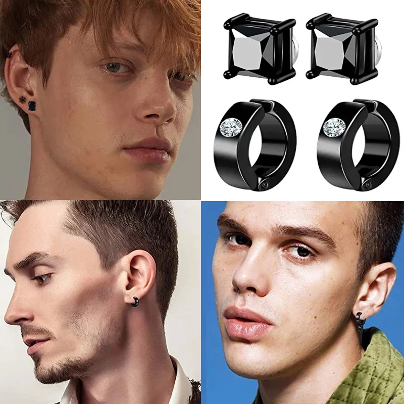 2 Pcs/30 Pcs Magnetic Black Clip On Earrings Men Women Hoop Dangle Helix Earrings Stainless Steel Non-Piercing Set 4