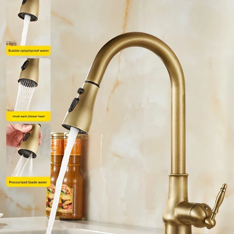 Antique Brass Kitchen Faucet with Pull-Out Spout Deck-Mounted Hot and Cold Mixer Tap 360° Rotation for Versatile Use 3