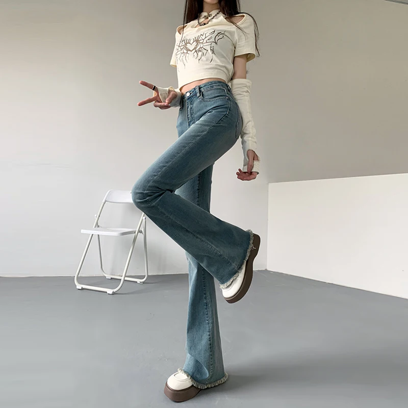 Elastic Flare Jeans Woman High Waist Trousers Vintage Blue Stretch Cotton Denim Pants Casual Comfortable Slim Fit Jean Raw Edge