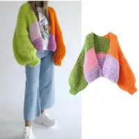 Women's Multicolor Matching Sweater V-neck Cardigan Knitted Coat Autumn 1