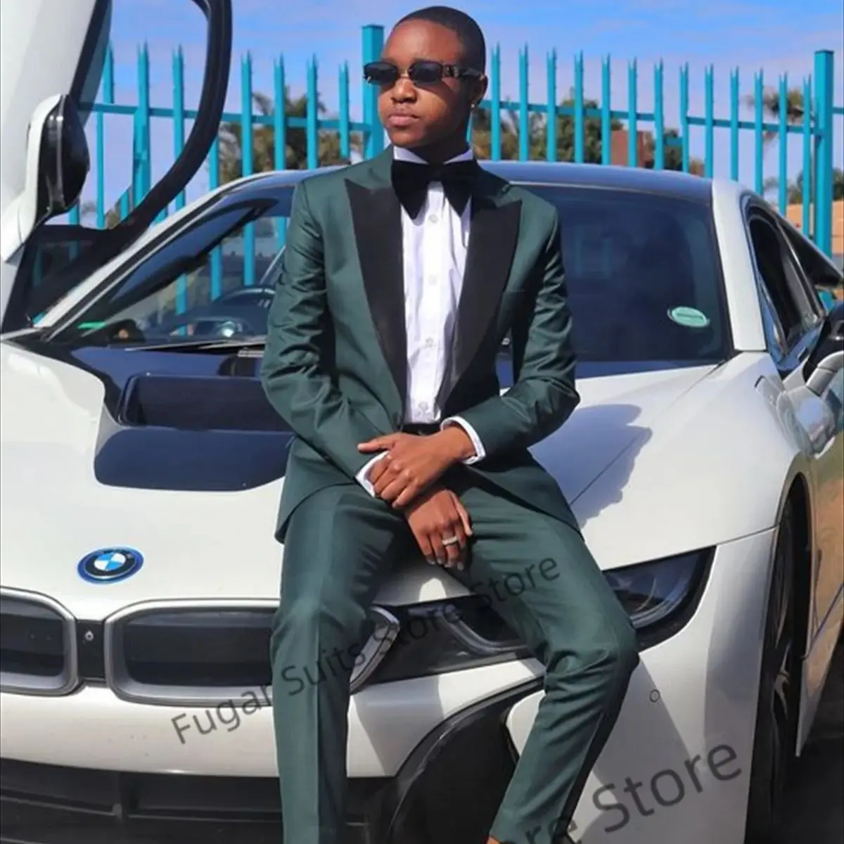 Casual Green Wedding Suits For Men Slim Fit Black Peak Lapel Groom Tuxedos Prom 2 Pieces Sets Formal Male Blazer Costume Homme