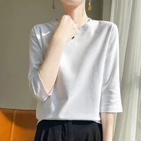 Spring And Summer New White Mercerized Cotton Short Sleeve T-Shirt Feminine Joker Cotton Cropped Sleeve Bottoming Shirt - Image 2