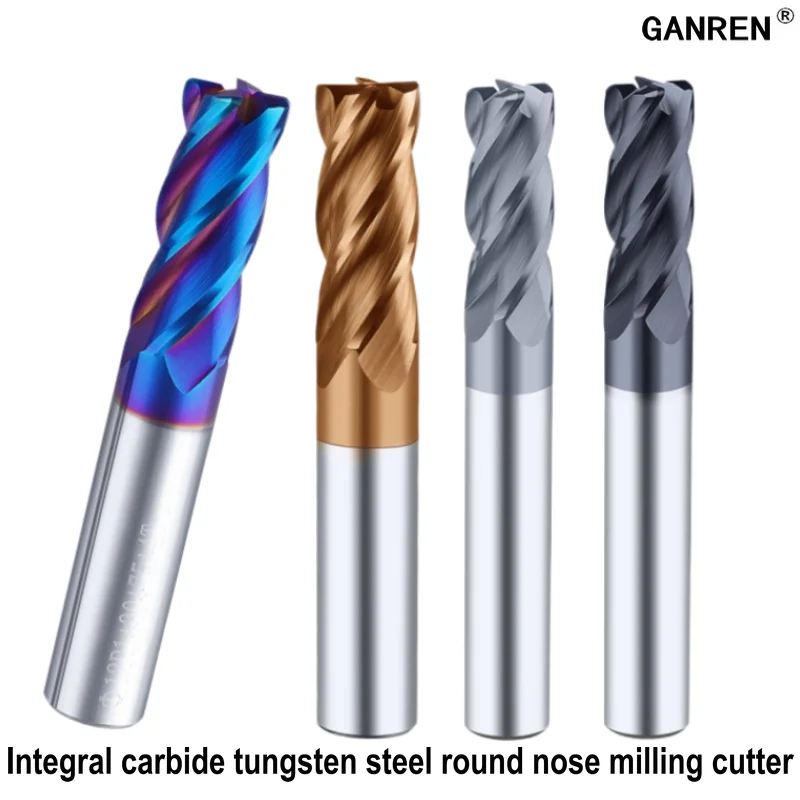

Solid Carbide Round Nose 4-blade Milling Cutter 5R1 6R0.5 12R3 Tungsten Steel R Angle Knife Fillet Black Bronze Blue Ash Coating