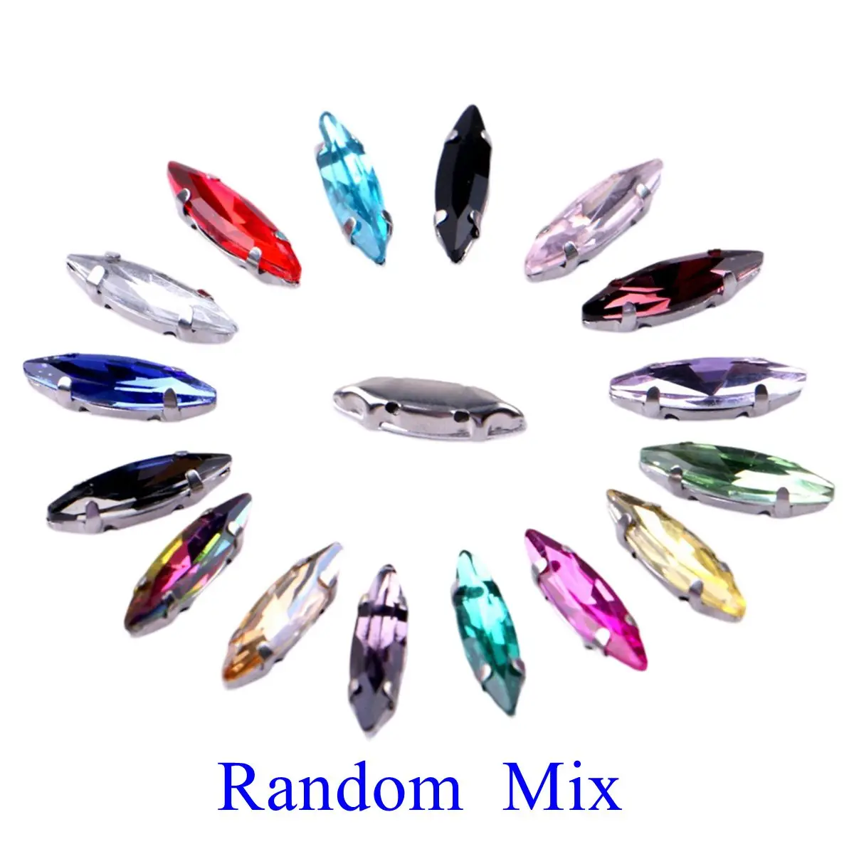 Pack of 20 Glass Sew-On Rhinestones with Claw Setting - Horse Eye Shape on Silver Metal Base