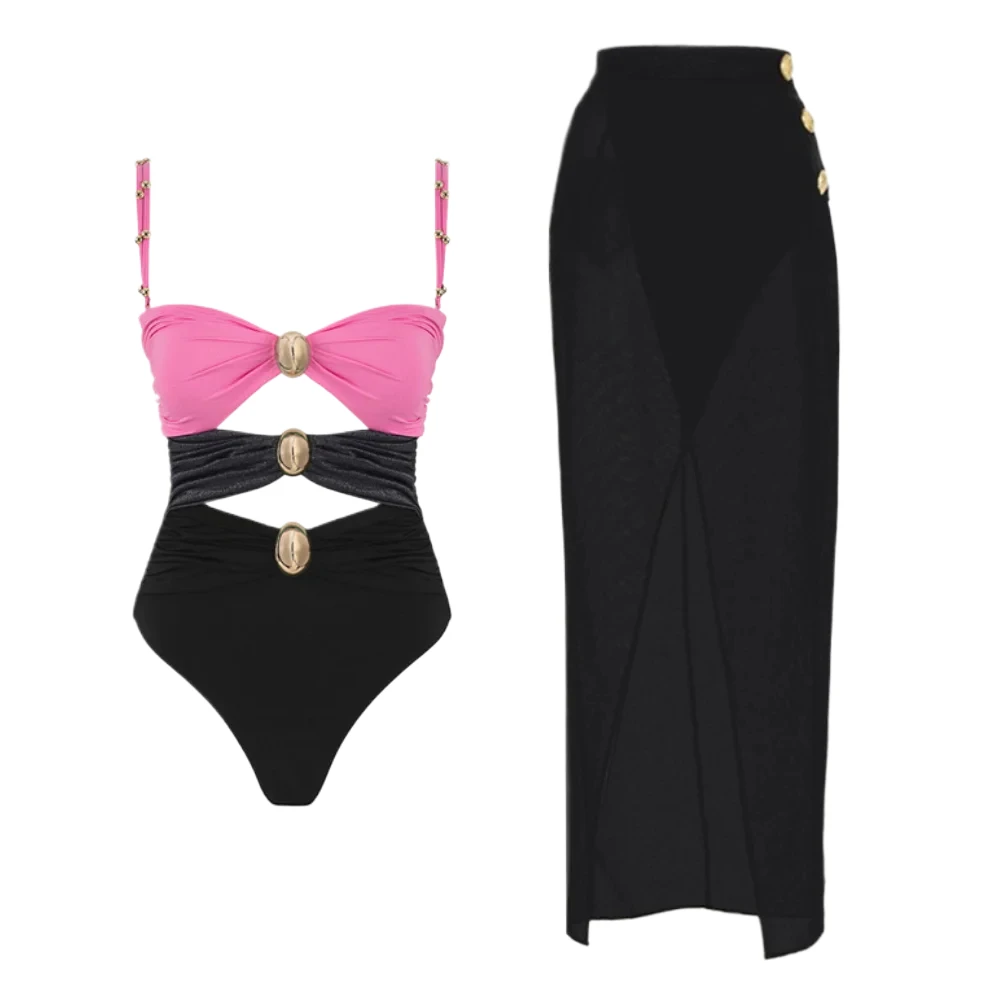 2024 New Swimsuit Vacation Color Block One Piece Cover Up Swimwear Women Beachwear Bathing Suit Monokini Bikinis Sets Two-piece