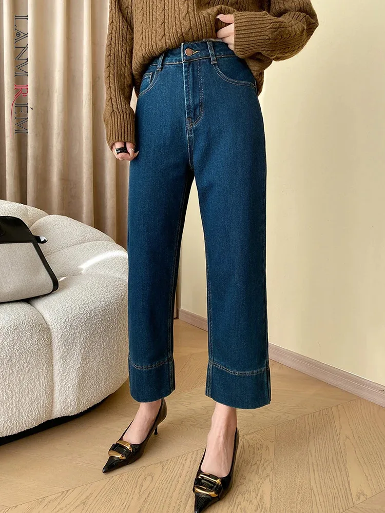 

[LANMREM] 2023 Winter New Thick Warm Jeans For Women High Waist Straight Denim Pants Office Lady Clothing Fashion 26D7270