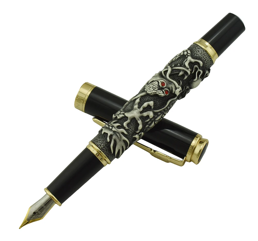 Jinhao Vintage Fountain Pen Auspicious Dragon Carving Heavy Pen, Iridium Fine Nib Gray Business Office School Supplies