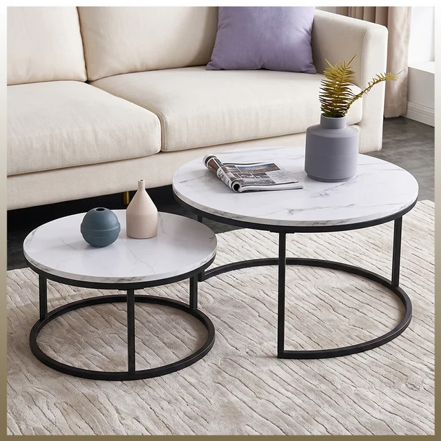 Ensemble de tables basses modernes Comanlai, 2 pièces, structure en métal noir, plateau en marbre, tables d'appoint et de fin de canapé pour salon, table d'appoint, 80 cm 1