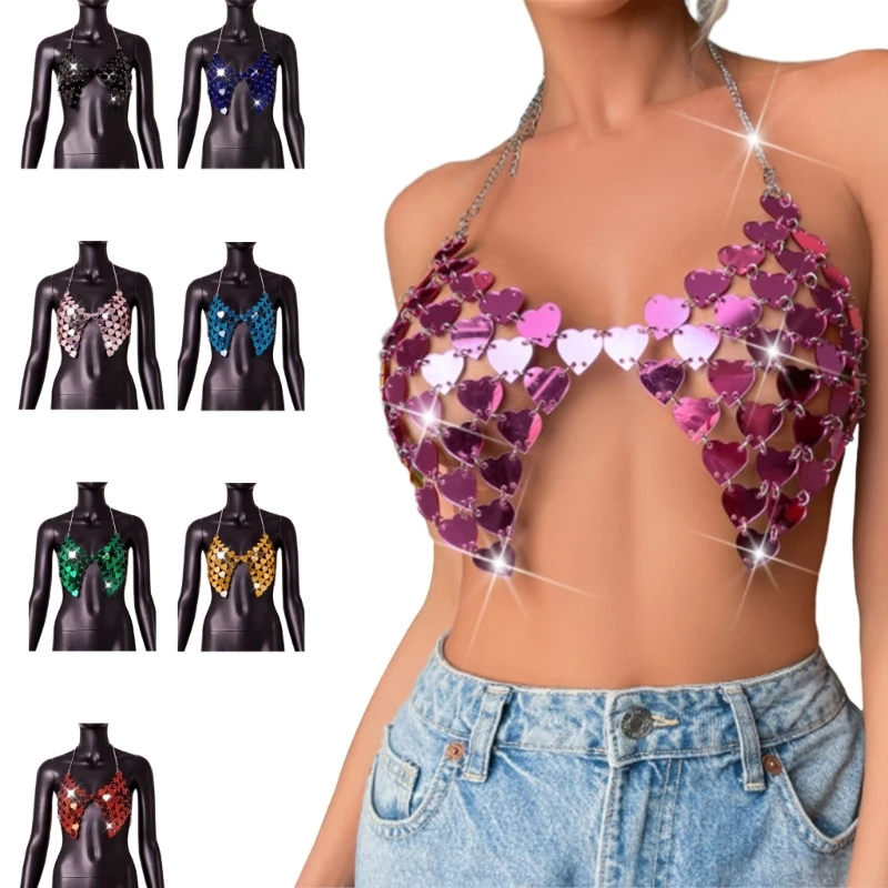 

Women Glitter Heart Sequins Crop Top Halter Metal Chain Sexy Deep V-Neck Backless Party Nightclub Bikinis Bras Camisole
