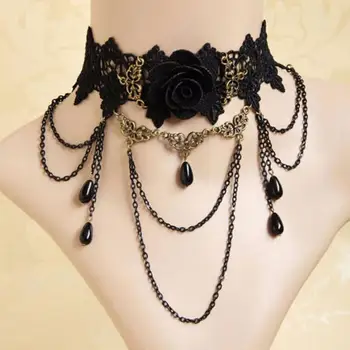Vintage Gothic Black Lace Rose Flower Necklace For Women Jewelry Choker 2025 Trending Fashion Chain Tassel Necklaces Colar Kolye