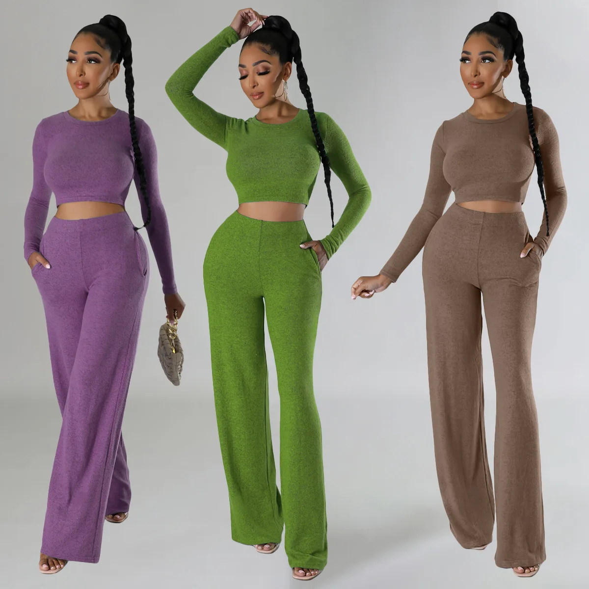 Autumn Women's Solid Color Long Sleeve Top Wide Leg Pants Set Fashion Crop Short Top Lift Hip High Waist Pants Two-Piece Set