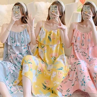 New Sexy Spaghetti Strap Night Dress Women Flower Print Nightgowns Casual Home Clothes Night Shirt Sleepwear Nightwear 40-70kg