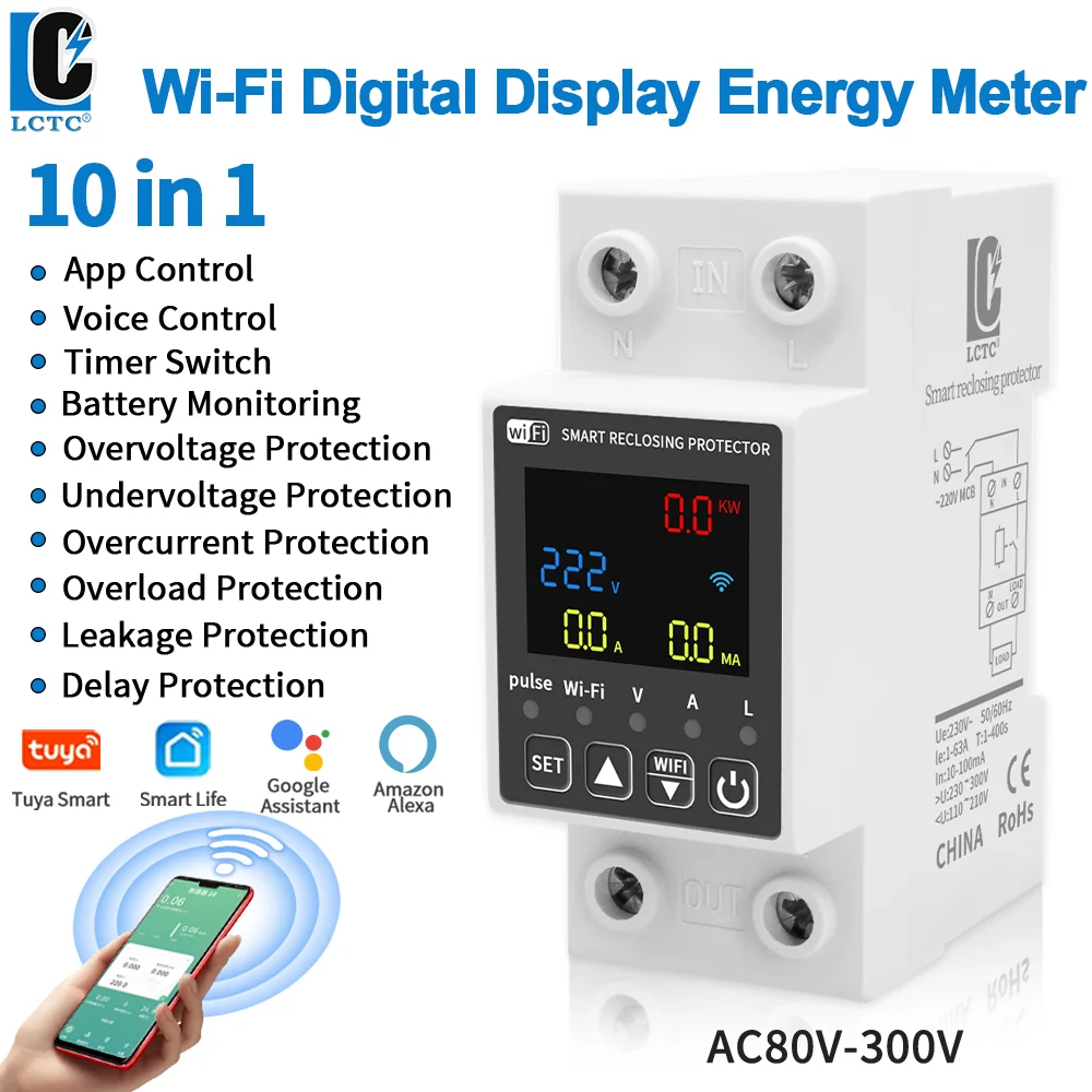 Tuya WiFi Digital Display Intelligent Current and Voltmeter 10 in 1 AC energy meter APP Control DIN Electrical Energy Meter