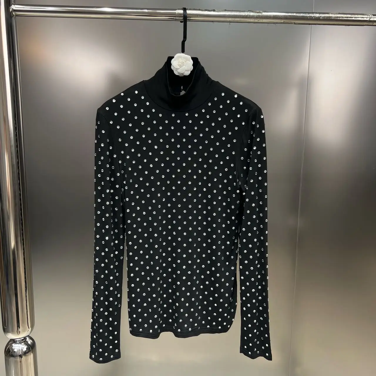 

SuperAen 2023 Autumn and Winter High Neck Long Sleeve Hot Diamond Shiny Women long sleeve tshirts