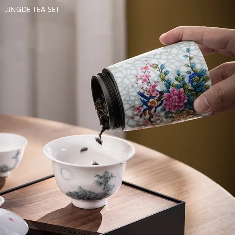 250ml Exquisite Ceramic Tea Tin Aluminum Lid Sealed Jar Enamel Color Tea Box Travel Portable Moisture-proof Coffee Container