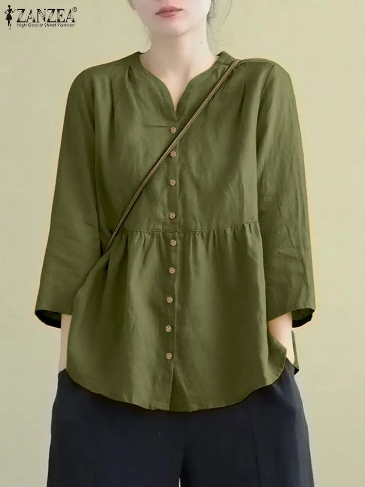 

ZANZEA Women V Neck 3/4 Sleeve Shirt Autumn Blouse Causal Cotton Tops Female Eelgant Cardigans Kimono Cape Women Blouse Oversize